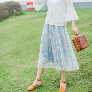 Floral Embroidered A-line Mesh Skirt