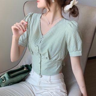 Short-sleeve Gingham Bow Back Blouse