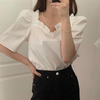 Square Neck Plain Oversized Puff Short Sleeve Shirt White - One Size