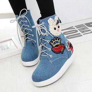 Applique Lace-up Denim Short Boots