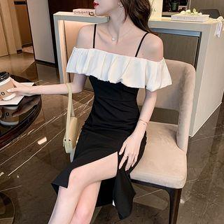 Short-sleeve Cold-shoulder Slit Midi Sheath Dress