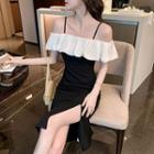 Short-sleeve Cold-shoulder Slit Midi Sheath Dress