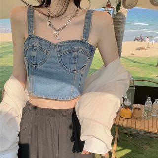 Denim Cropped Camisole Top / Plain Shirt / Slit Boot-cut Pants