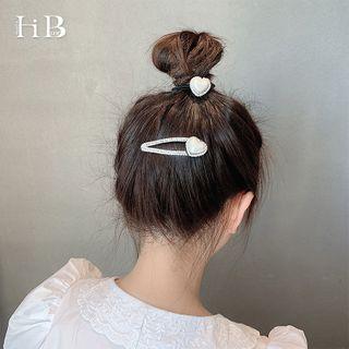 Set: Rhinestone Faux Pearl Heart Hair Clip + Hair Tie