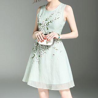 Flower Embroidered Sleeveless A-line Dress