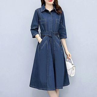 Belted Midi A-line Denim Shirtdress