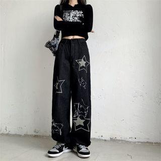 High-waist Star Print Straight Leg Jeans