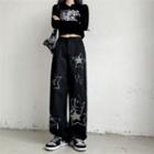 High-waist Star Print Straight Leg Jeans