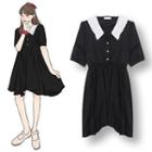 Contrast Trim Short-sleeve Collared Dress Dress - Black - One Size