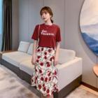 Set: Short Sleeve Letter Print T-shirt + Floral Print A-line Skirt