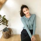 Tie-neck Slim-fit Rib-knit Top Sky Blue - One Size
