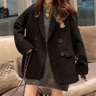 Double Breasted Woolen Blazer / Long-sleeve Plaid Shirt / Knit Vest