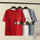 Short-sleeve Cartoon Embroidered Distressed T-shirt