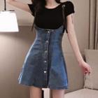 Denim Suspender Skirt / Short-sleeve T-shirt / Set