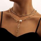 Faux Pearl Pendant Rhinestone Layered Alloy Necklace Gold - One Size