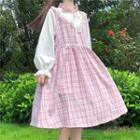 Mock Two-piece Long-sleeve Plaid Frill Trim A-line Dress As Shown In Figure - One Size