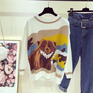 Bear Printed Long-sleeve Knit Sweater White - One Size