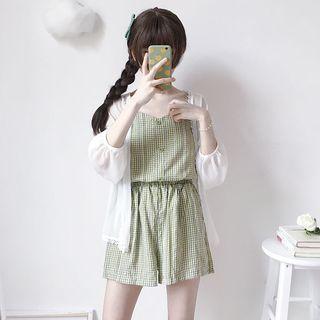 Spaghetti Strap Gingham Buttoned Top / Wide-leg Shorts / 3/4-sleeve Light Jacket / Set
