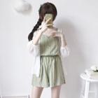 Spaghetti Strap Gingham Buttoned Top / Wide-leg Shorts / 3/4-sleeve Light Jacket / Set