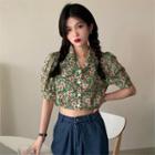 Flower Print Short-sleeve Blouse Green - One Size