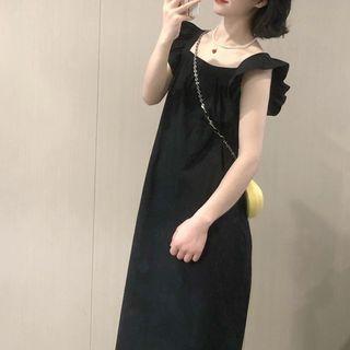 Ruffle Sleeves Midi A-line Dress Black - One Size