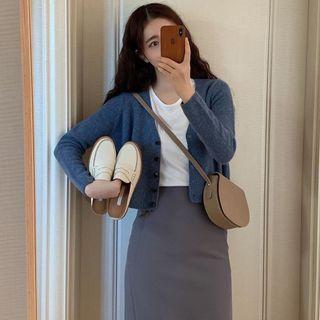 Cropped V-neck Cardigan / Mini Pencil Skirt