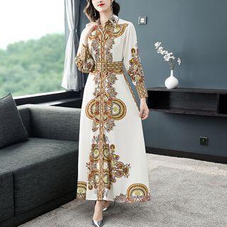 Print Long-sleeve Midi A-line Shirt Dress