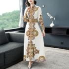 Print Long-sleeve Midi A-line Shirt Dress