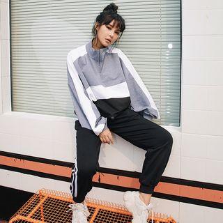 Loose-fit Drawstring-hem Colorblock Zipper Pullover