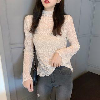 Mock Neck Long-sleeve Lace Top Almond - One Size