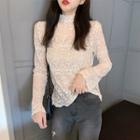 Mock Neck Long-sleeve Lace Top Almond - One Size