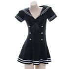 Short-sleeve Sailor Collar Mini A-line Dress Black - One Size