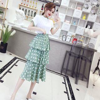 Set: Short-sleeve Top + Midi Dotted Layered Skirt