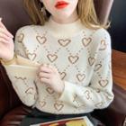 Mock-neck Heart Print Sweater Heart - Light Coffee & White - One Size