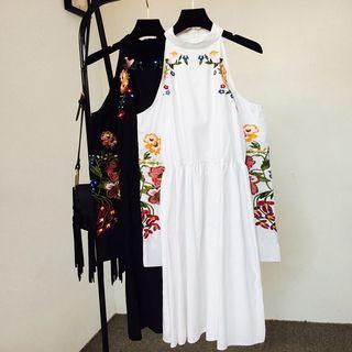Flower Embroidered Cut Out Shoulder Long Sleeve Dress