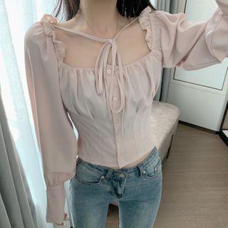 Ruffle-trim Square Nevk Long-sleeve Blouse