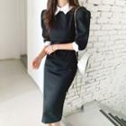 Contrast-collar Puff-sleeve Long Dress