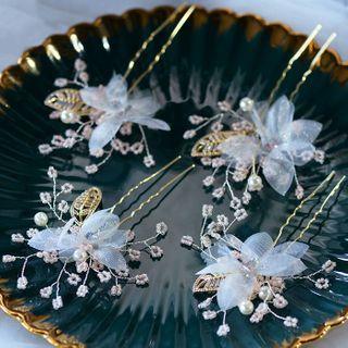 Wedding Flower Mesh Faux Crystal Hair Stick Set Of 4 - Champagne - One Size