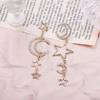 Asymmetrical Rhinestone Moon Star Drop Earring 1 Pair - As Shown In Figure - One Size