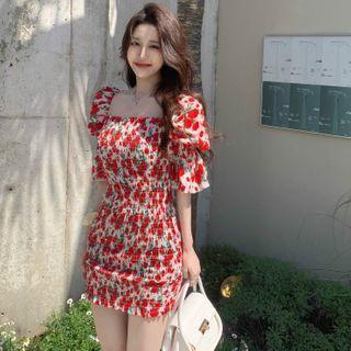 Smocked Floral Mini Dress Red - One Size