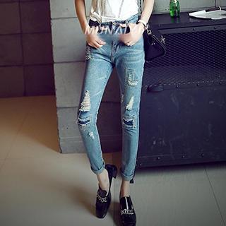 Distressed Washed Tapered Jeans