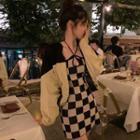 Spaghetti Strap Cutout Plaid Mini Bodycon Dress / Long-sleeve Two-tone Jacket