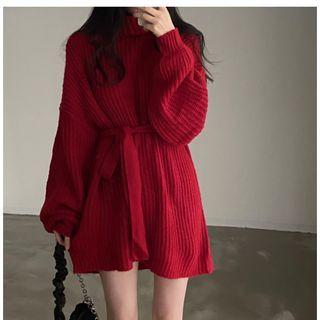 Turtleneck Mini Sweater Dress With Sash