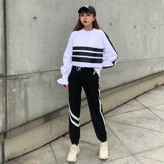 Striped Long-sleeve Top / Contrast Trim Sweatpants