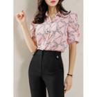 Puff-sleeve Chain-print Blouse Pink - One Size