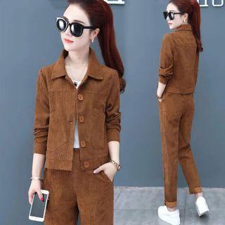Set Of 2: Long-sleeve Plain Corduroy Cardigan + Pants