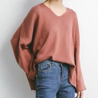 V-neck Bell-sleeve Knit Sweater Black. - One Size