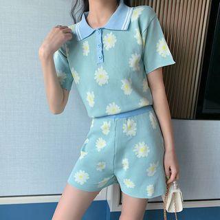 Set: Short-sleeve Floral Knit Polo Top + Wide-leg Shorts As Shown In Figure - One Size