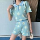 Set: Short-sleeve Floral Knit Polo Top + Wide-leg Shorts As Shown In Figure - One Size