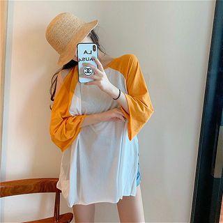 Two-tone Cold-shoulder Elbow-sleeve T-shirt